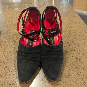 Donna Karan Black Suede Pointed-Toe Heels with Red Lining